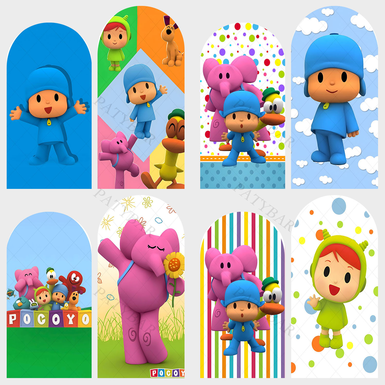 Photo Booth Prop - アーチかわいいブルー人形ポコヨス背景少年誕生日パーティー背景ポリエステルアーチバナー写真撮影の小道具