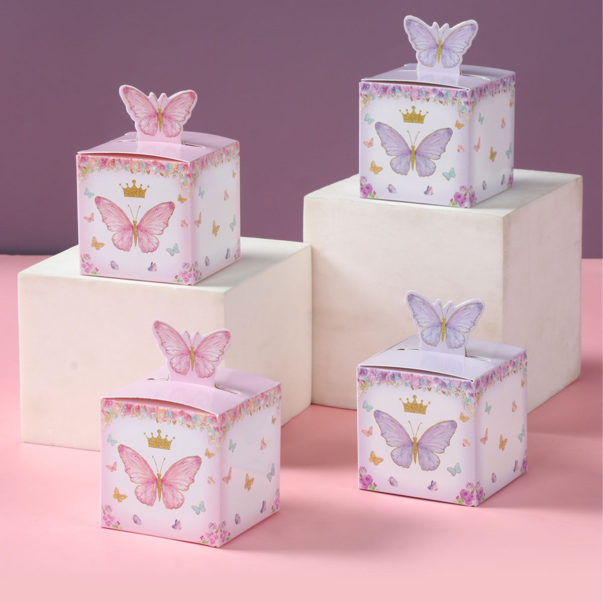 Wedding Supply.Box - バタフライキャンディーギフトボックス、誕生日パーティーの装飾、結婚式用品、ベビーシャワー、チョコレート、クッキー、バッグ、紫、ピンク、24個