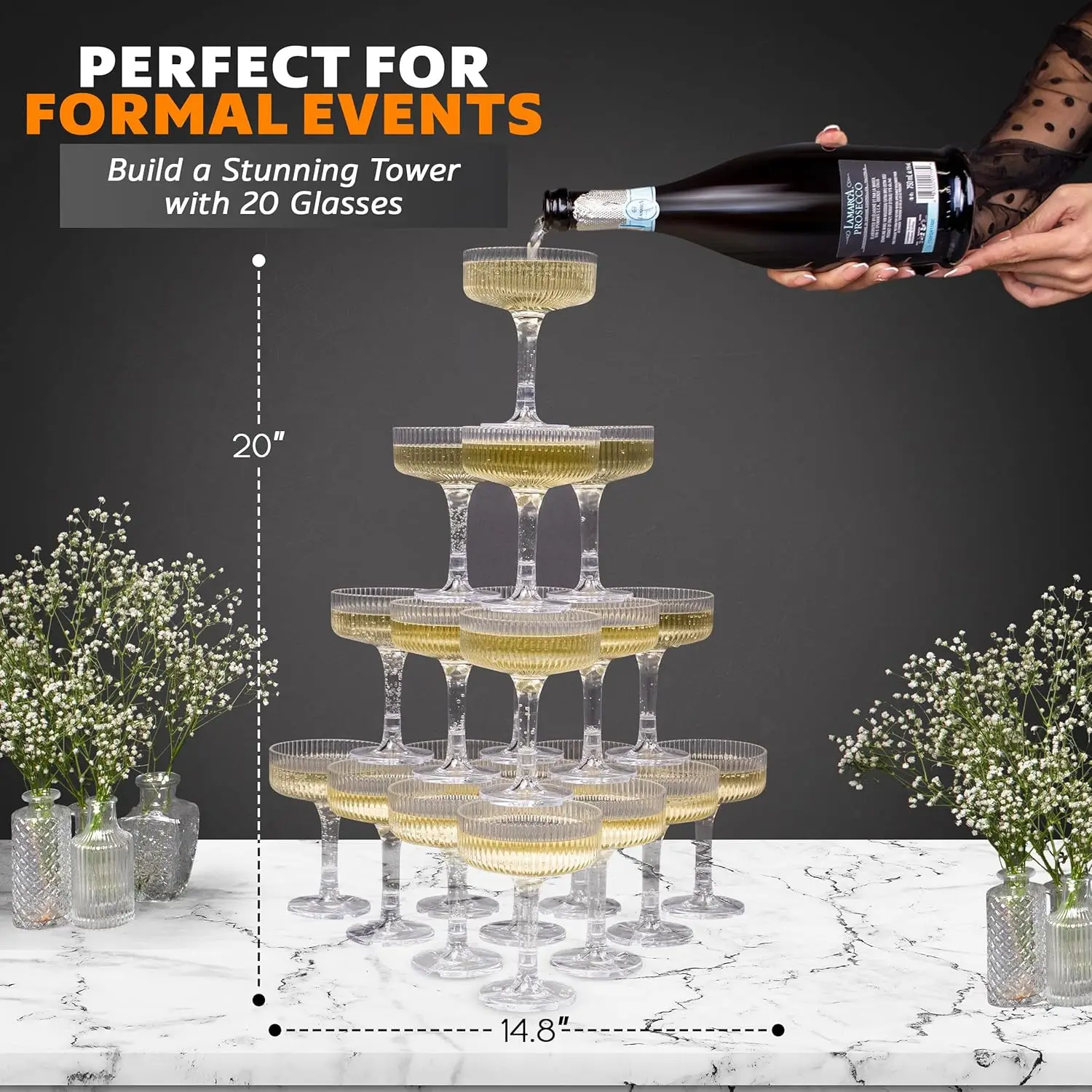 Champagne Tower Set - 20-60個入り アクリル製シャンパンタワー ヴィンテージ風アートデコレーション 7オンス プラスチック製クーペグラス 結婚式