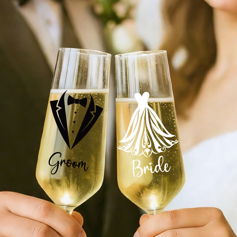 Wedding Dress Supply - 新郎新婦用ウェディングシャンパングラスデコレーションステッカー、ウェディングドレススーツ、ウェディングワイングラス用デカール
