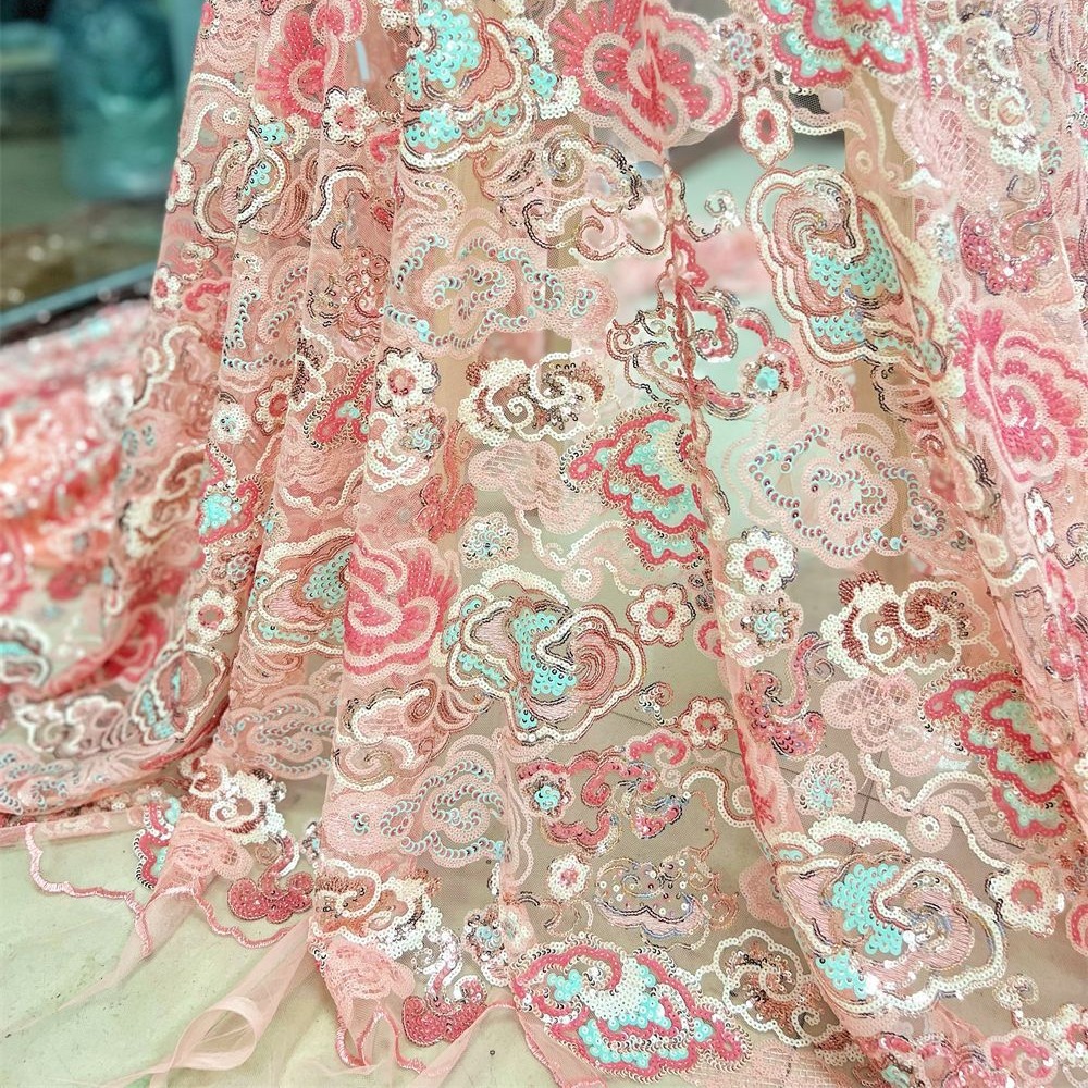 2 ヤード/ロット 130 センチメートル幅ピンク紫花柄刺繍 - Wedding Dress Supply のレビューと価格